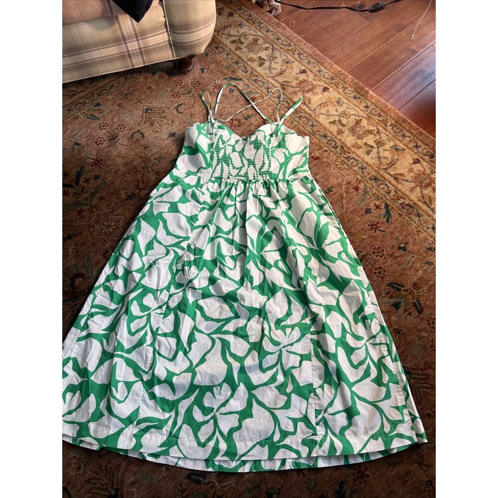A New Day Vibrant Green & White Abstract Print Smocked Midi SunDress Resort L - Picture 6 of 7